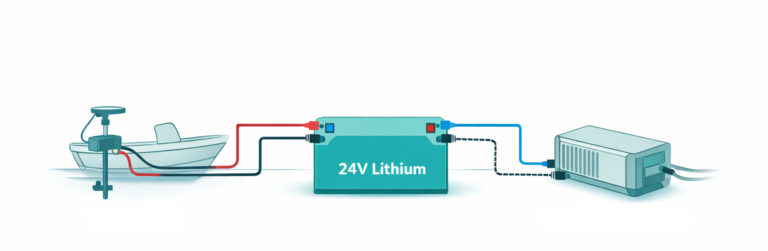 Conceptual illustration of a 24V marine lithium battery charging system connected to a trolling motor and battery charger